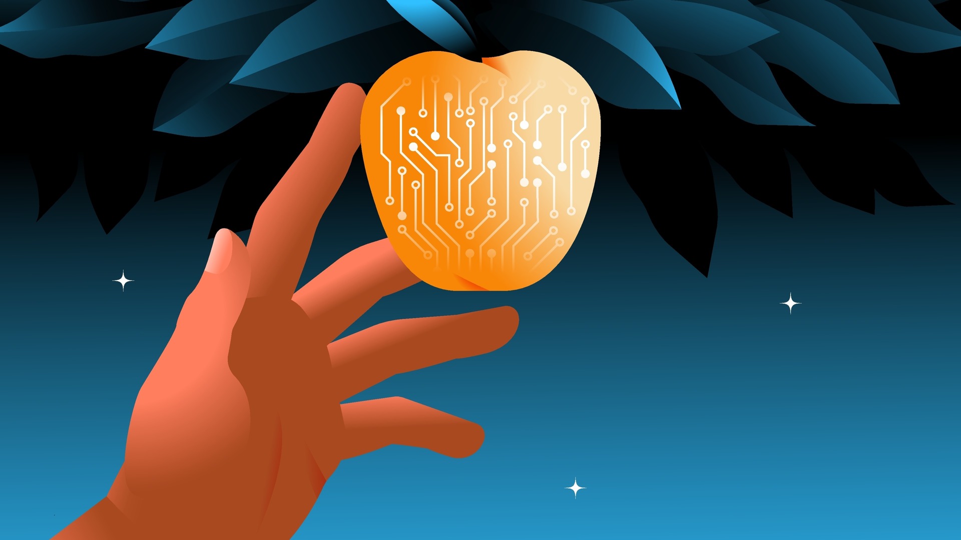 A hand reaching to pick a digital apple from a tree