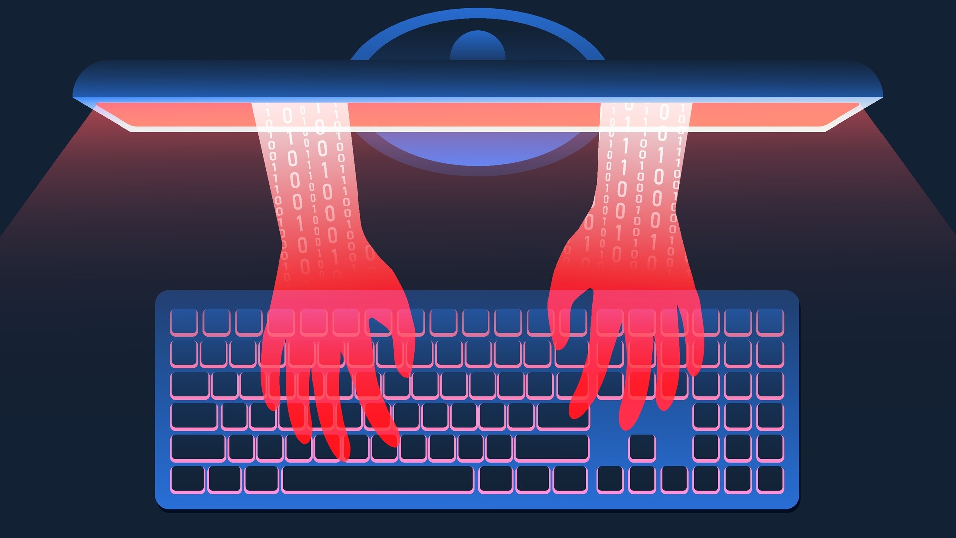 Digital hands reaching out of a computer screen and typing on the keyboard