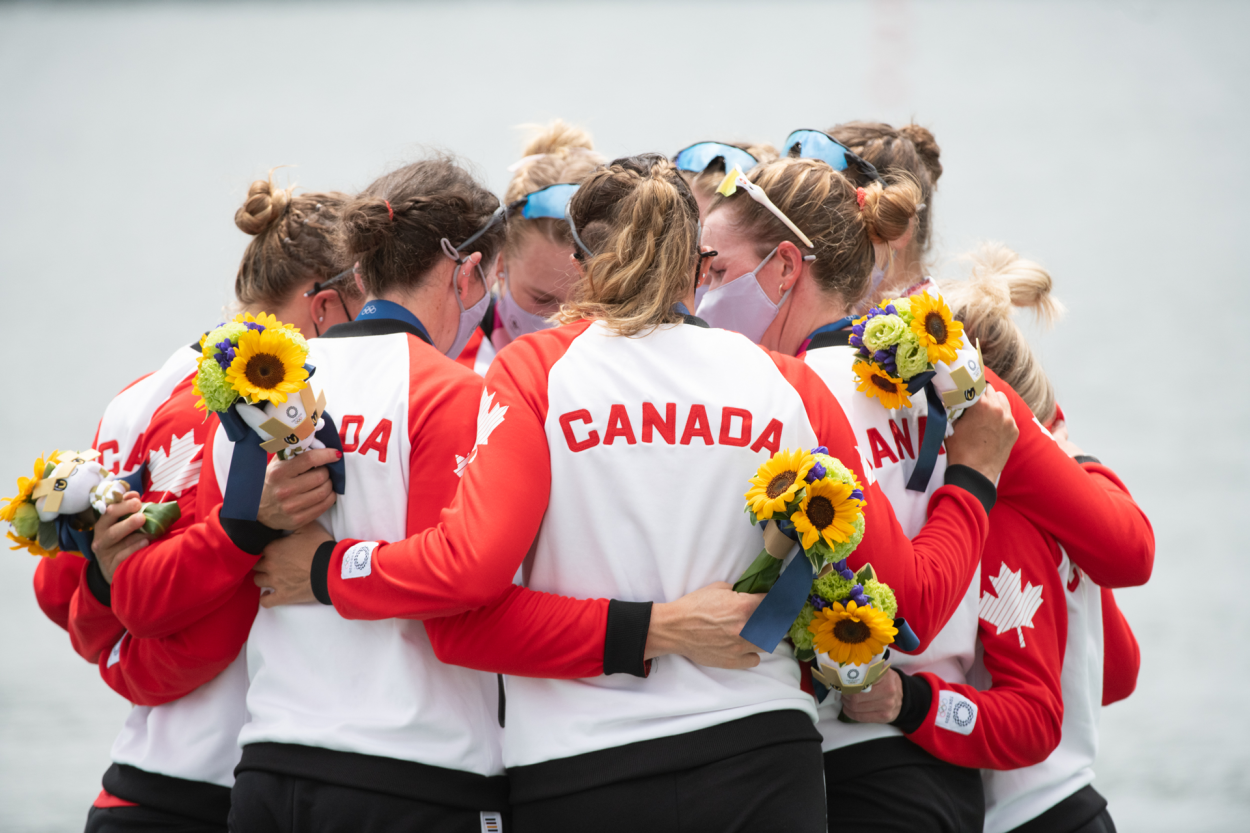 The Canadian women's eight rowing team celebrates their gold-medal-winning performance at the Tokyo 2020 Olympic Games. Photo: RCA/Merijn Soeters