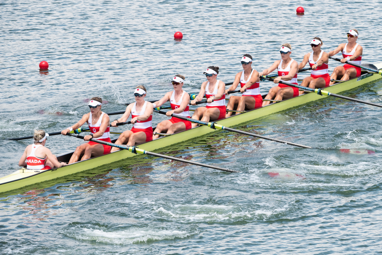 The Canadian women's rowing team competes at the Tokyo 2020 Olympic Games. Susanne Grainger is fifth from left. Photo: RCA/Merijn Soeters