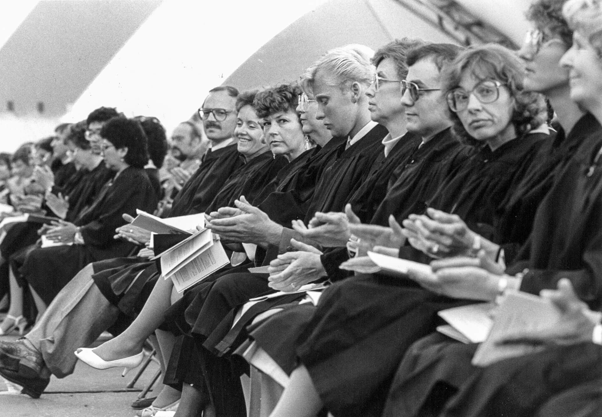 AU graduates celebrate convocation under a tent at AU campus in Athabasca in this undated photo, likely from the 1990s.