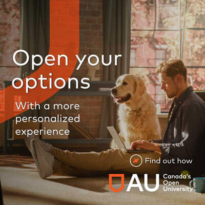 AU with headline Open your options featuring a man working on a laptop with his dog beside him