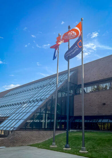 Every Child Matters flag flying at Athabasca University campus