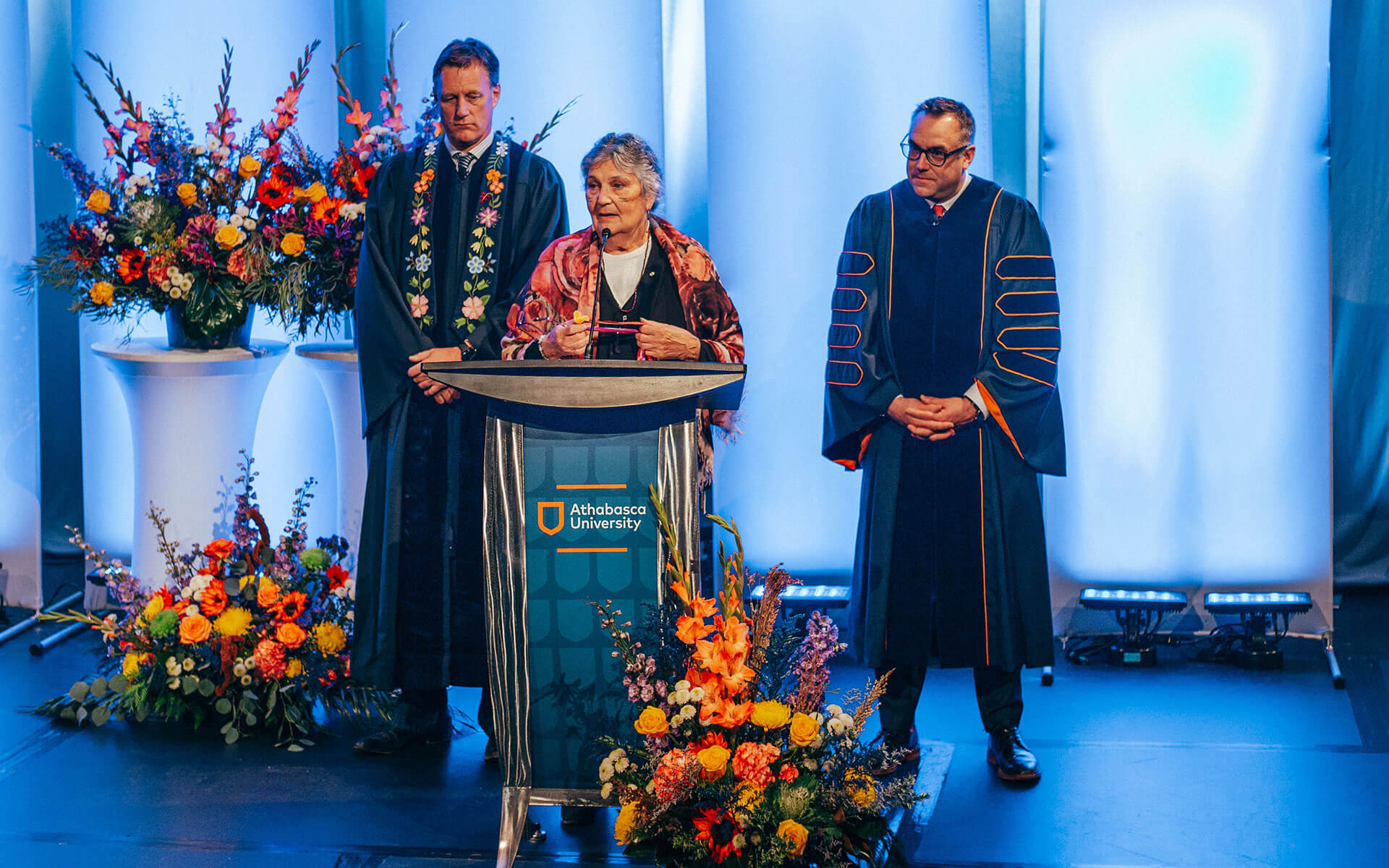 AU Elder in Residence Dr. Maria Campbell offers a blessing before the installation of Dr. Alex Clark.