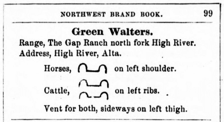 Green Walters' double ox yoke brand listing in the 1889 Northwest Brand Book.